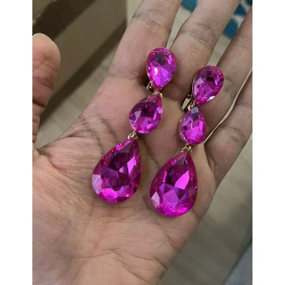 3 inch clip on fuchsia hot pink gold rhinestone crystal teardrop pageant - Picture 4 of 7